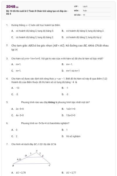 Bộ 10 đề thi cuối kì 2 Toán 8 Chân trời sáng tạo có đáp án - Đề 4