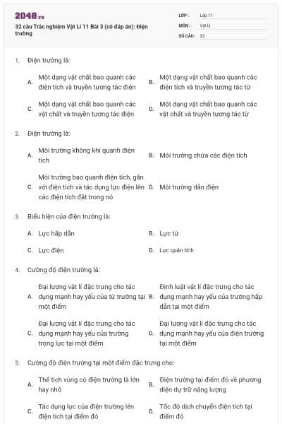 32 câu  Trắc nghiệm Vật Lí 11 Bài 3 (có đáp án): Điện trường