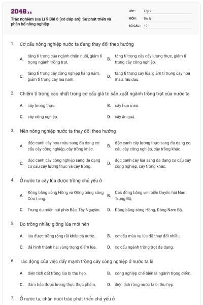 Trắc nghiệm Địa Lí 9 Bài 8 (có đáp án): Sự phát triển và phân bố nông nghiệp
