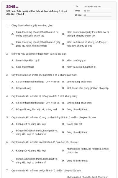 500+ câu Trắc nghiệm Khai thác và bảo trì đường ô tô (có đáp án) - Phần 4