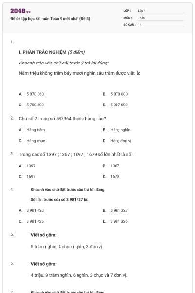 Đề ôn tập học kì I môn Toán 4 mới nhất (Đề 8)