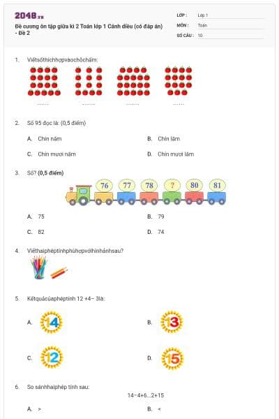 Đề cương ôn tập giữa kì 2 Toán lớp 1 Cánh diều (có đáp án) - Đề 2