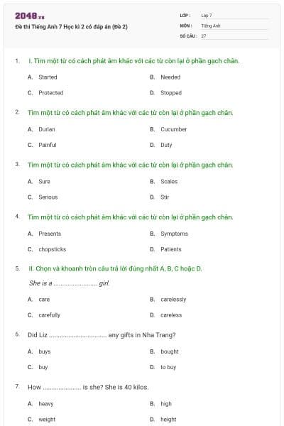 Đề thi Tiếng Anh 7 Học kì 2 có đáp án (Đề 2)