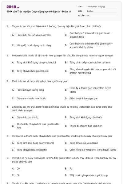 500+ câu Trắc nghiệm Dược động học có đáp án - Phần 14