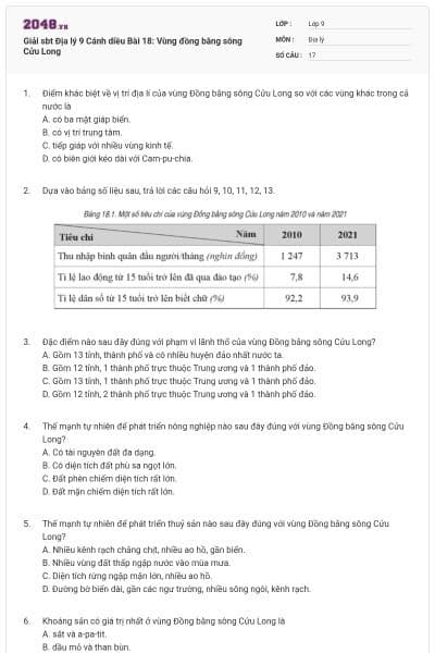 Giải sbt Địa lý 9 Cánh diều Bài 18: Vùng đồng bằng sông Cửu Long