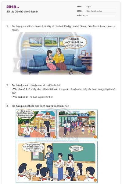 Bài tập Giữ chữ tín có đáp án