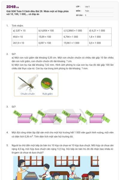 Giải SGK Toán 5 Cánh diều Bài 28. Nhân một số thập phân với 10, 100, 1 000,… có đáp án