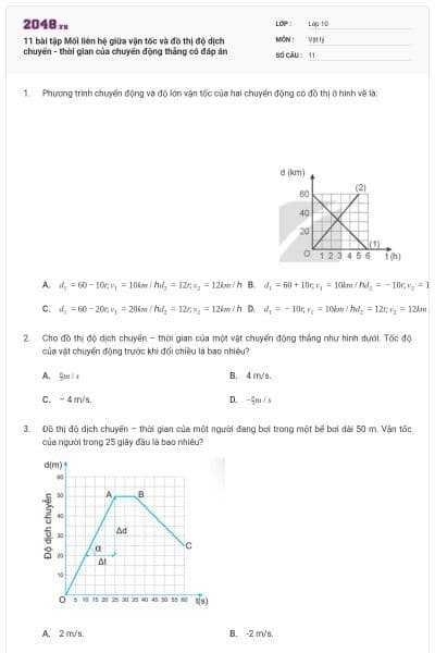 11 bài tập Mối liên hệ giữa vận tốc và đồ thị độ dịch chuyển - thời gian của chuyển động thẳng có đáp án