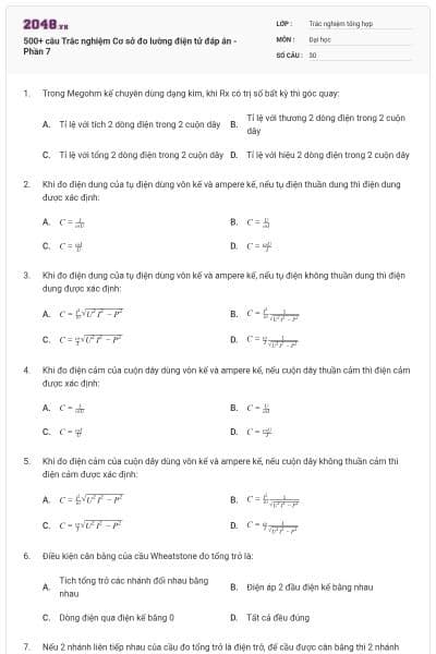 500+ câu Trắc nghiệm Cơ sở đo lường điện tử đáp án - Phần 7