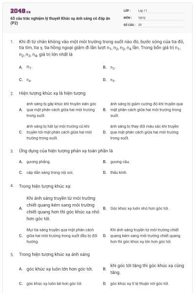 65 câu trắc nghiệm lý thuyết Khúc xạ ánh sáng có đáp án (P2)