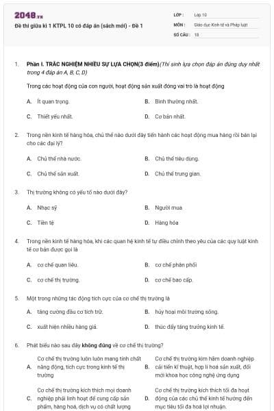 Đề thi giữa kì 1 KTPL 10 có đáp án (sách mới) - Đề 1