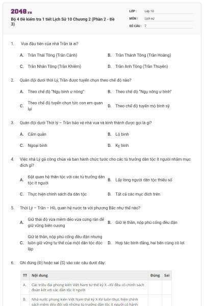 Bộ 4  Đề kiểm tra 1 tiết Lịch Sử 10 Chương 2 (Phần 2 - Đề 3)