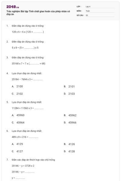 Trắc nghiệm Bài tập Tính chất giao hoán của phép nhân có đáp án