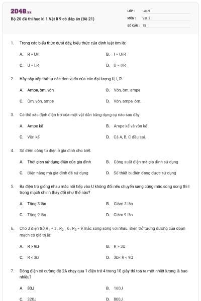 Bộ 20 đề thi học kì 1 Vật lí 9 có đáp án (Đề 21)