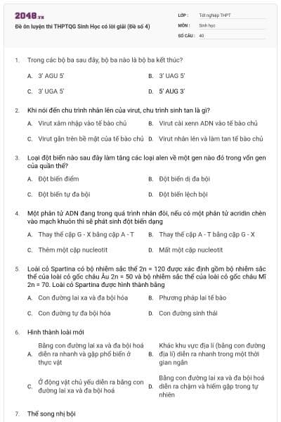 Đề ôn luyện thi THPTQG Sinh Học có lời giải (Đề số 4)