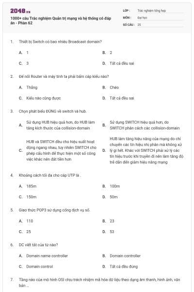 1000+ câu Trắc nghiệm Quản trị mạng và hệ thống có đáp án - Phần 62