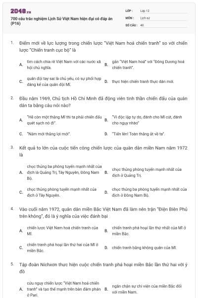 700 câu trắc nghiệm Lịch Sử Việt Nam hiện đại có đáp án (P16)