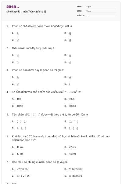 Đề thi học kì II môn Toán 4 (đề số 6)
