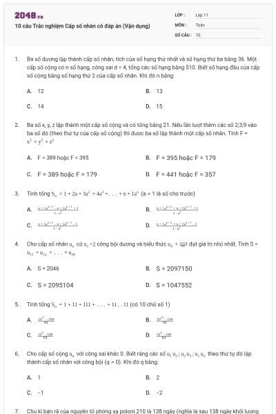 10 câu Trắc nghiệm Cấp số nhân có đáp án (Vận dụng)