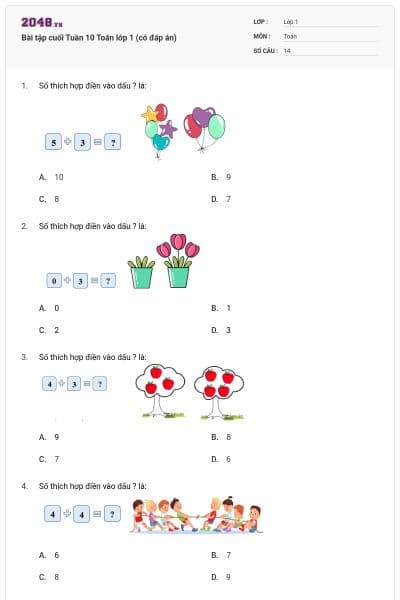 Bài tập cuối Tuần 10 Toán lớp 1 (có đáp án)