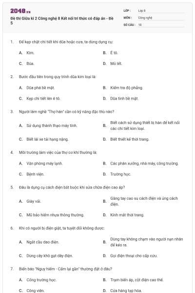 Đề thi Giữa kì 2 Công nghệ 8 Kết nối tri thức có đáp án - Đề 5