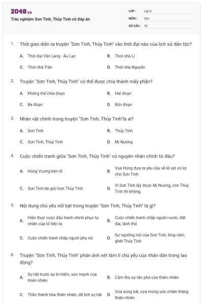 Trắc nghiệm Sơn Tinh, Thủy Tinh có đáp án