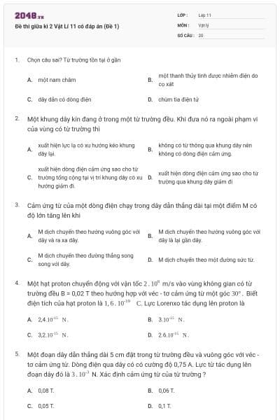Đề thi giữa kì 2 Vật Lí 11 có đáp án (Đề 1)