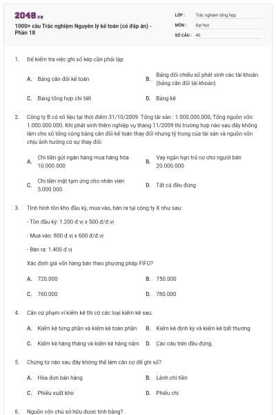 1000+ câu Trắc nghiệm Nguyên lý kế toán (có đáp án) - Phần 18