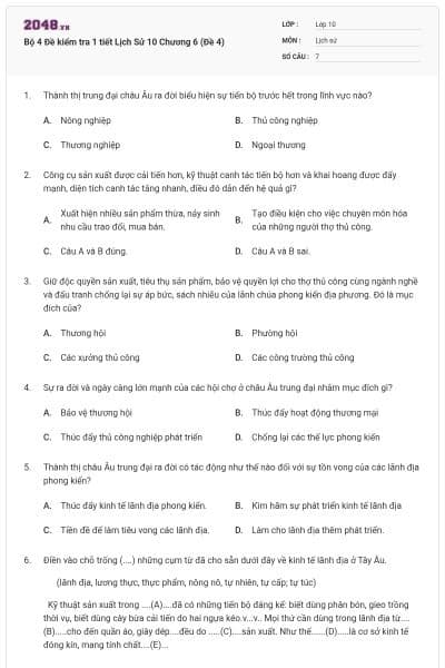 Bộ 4  Đề kiểm tra 1 tiết Lịch Sử 10 Chương 6 (Đề 4)