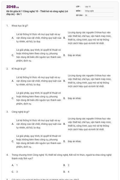 Đề thi giữa kì 1 Công nghệ 10 - Thiết kế và công nghệ (có đáp án) - Đề 1