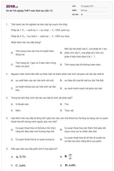 Ôn thi Tốt nghiệp THPT môn Sinh học (Đề 17)