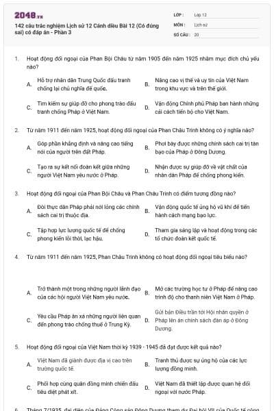 142 câu trắc nghiệm Lịch sử 12 Cánh diều Bài 12 (Có đúng sai) có đáp án - Phần 3