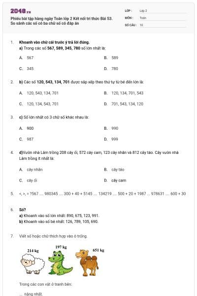 Phiếu bài tập hàng ngày Toán lớp 2 Kết nối tri thức Bài 53. So sánh các số có ba chữ số có đáp án