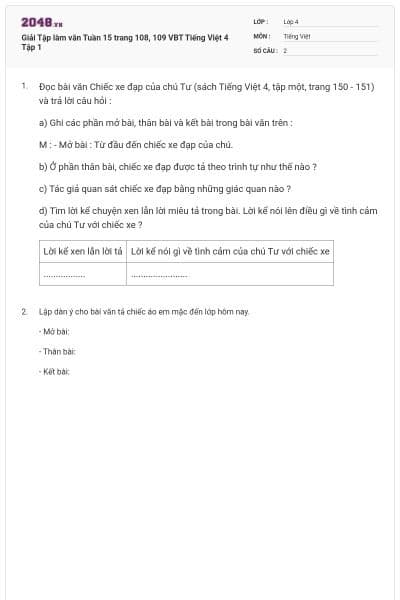 Giải Tập làm văn Tuần 15 trang 108, 109 VBT Tiếng Việt 4 Tập 1