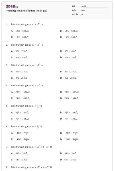 10 Bài tập Rút gọn biểu thức (có lời giải)