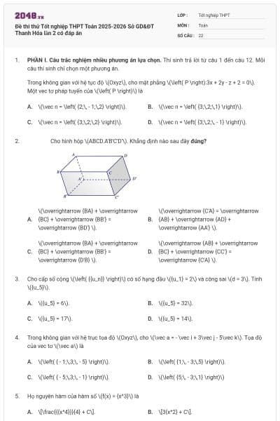 Đề thi thử Tốt nghiệp THPT Toán 2025-2026 Sở GD&ĐT Thanh Hóa lần 2 có đáp án