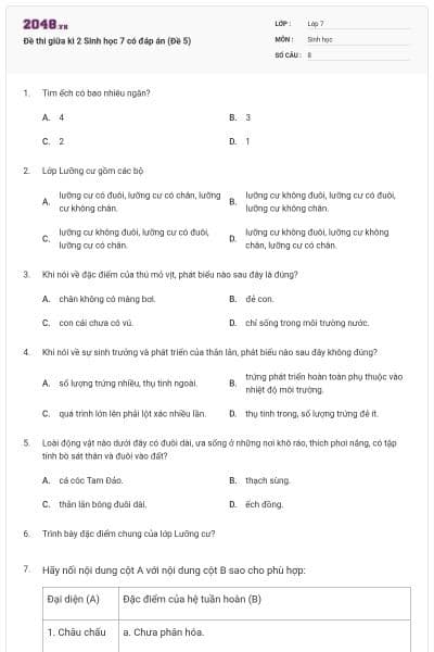 Đề thi giữa kì 2 Sinh học 7 có đáp án (Đề 5)
