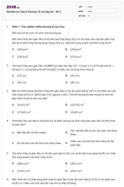 Đề kiểm tra Toán 8 Chương 10 (có đáp án) - Đề 2