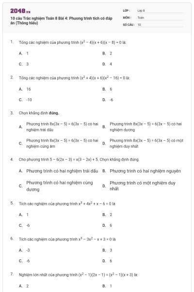 10 câu Trắc nghiệm Toán 8 Bài 4: Phương trình tích có đáp án (Thông hiểu)