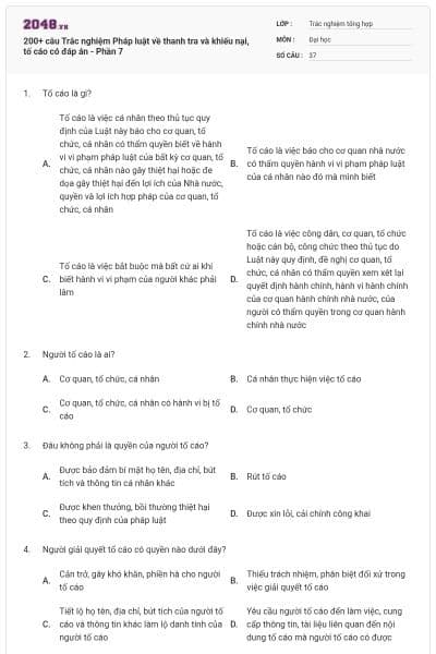 200+ câu Trắc nghiệm Pháp luật về thanh tra và khiếu nại, tố cáo có đáp án - Phần 7