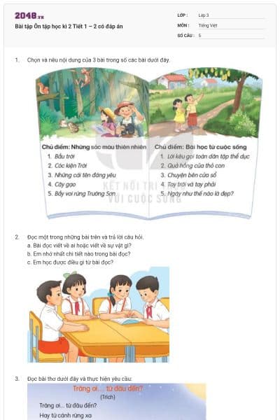Bài tập Ôn tập học kì 2 Tiết 1 – 2  có đáp án