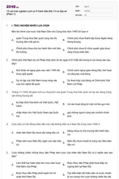 15 câu trắc nghiệm Lịch sử 9 Cánh diều Bài 12 có đáp án (Phần 1)