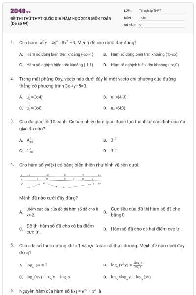 ĐỀ THI THỬ THPT QUỐC GIA NĂM HỌC 2019 MÔN TOÁN (Đề số 04)