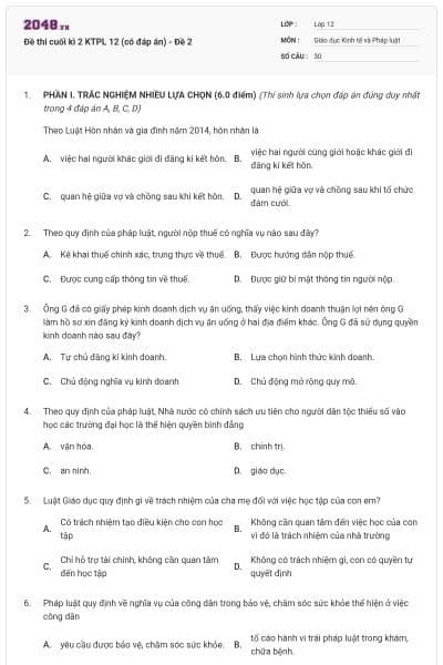 Đề thi cuối kì 2 KTPL 12 (có đáp án) - Đề 2