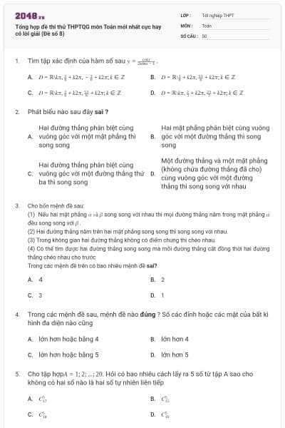 Tổng hợp đề thi thử THPTQG môn Toán mới nhất cực hay có lời giải (Đề số 8)