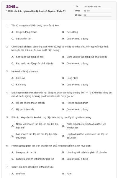 1200+ câu trắc nghiệm Hoá lý dược có đáp án - Phần 11