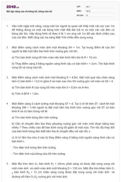 Bài tập nâng cao về bóng tối, bóng nửa tối