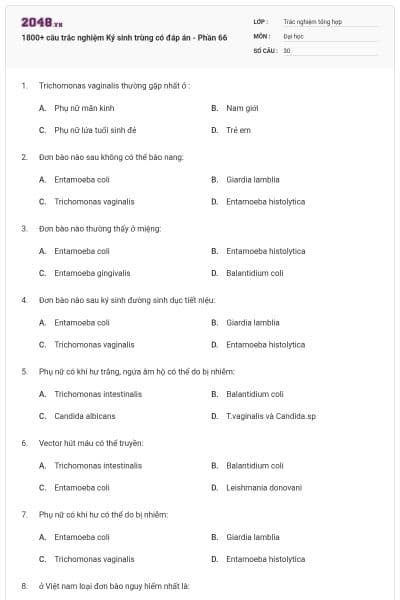 1800+ câu trắc nghiệm Ký sinh trùng có đáp án - Phần 66