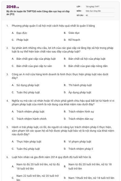 Bộ đề ôn luyện thi THPTQG môn Công dân cực hay có đáp án (P3)
