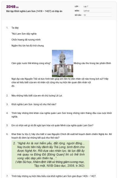 Bài tập Khởi nghĩa Lam Sơn (1418 – 1427) có đáp án